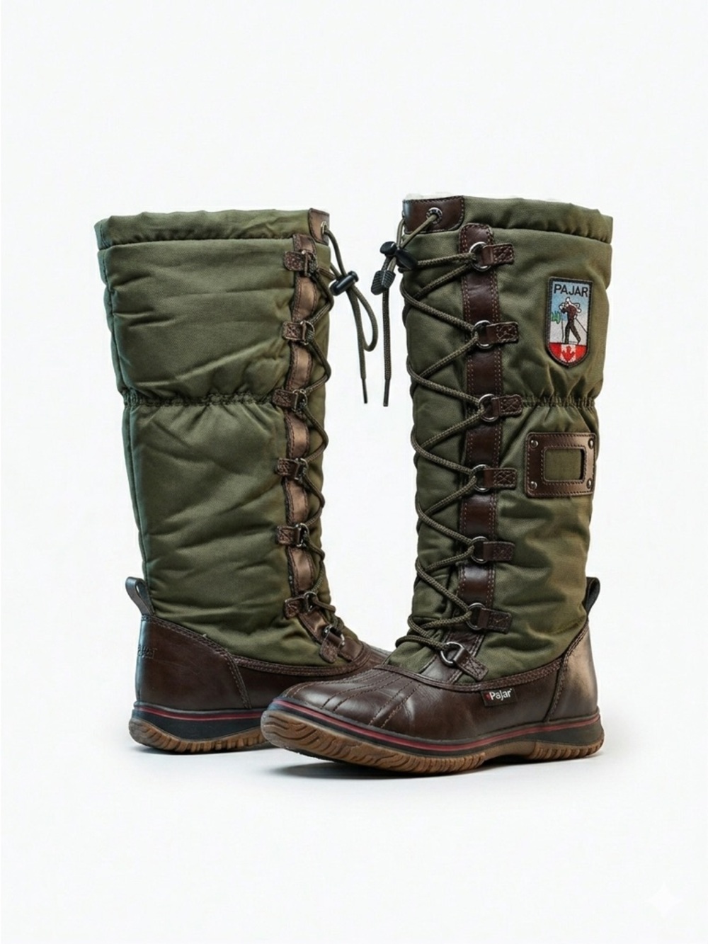 Pajar Canada Tall Snow Boots Waterproof Lace Up Nylon Leather Green Brown 6.5